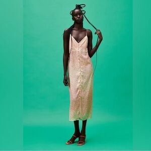 Zara Pink Ombré Floral Button Front Satin Midi Slip Dress Y2K Style Size Small